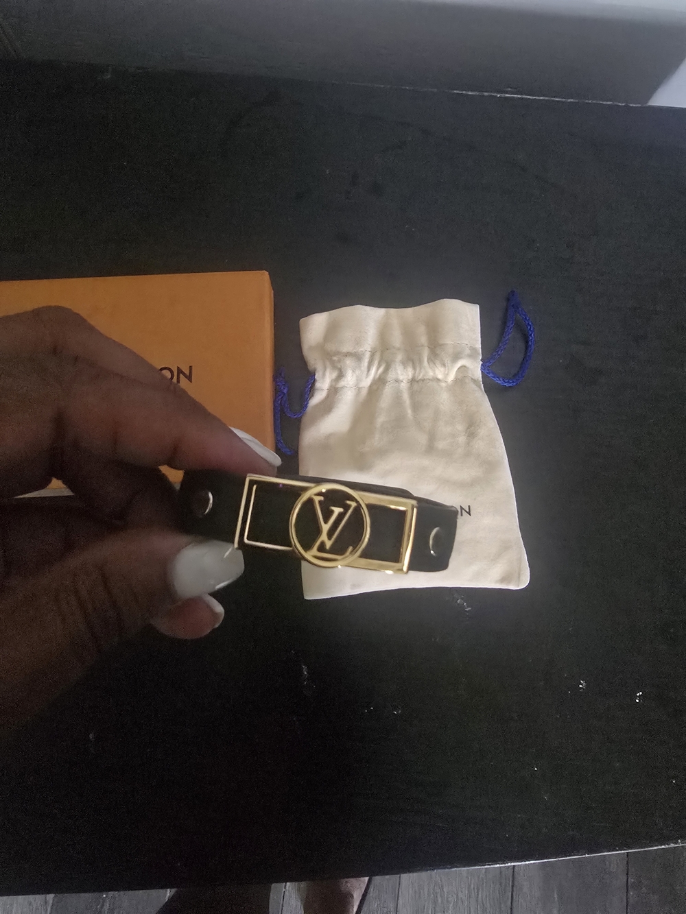 Louis Vuitton Black Leather Bracelet with Gold LV Medallion